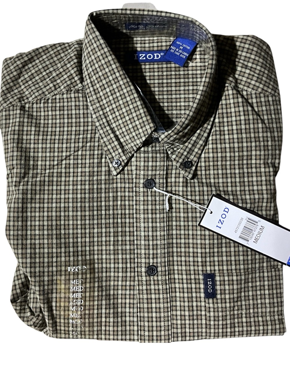 NWT IZOD Men’s Medium 100% Cotton Check Button Down Long Sleeve Shirt